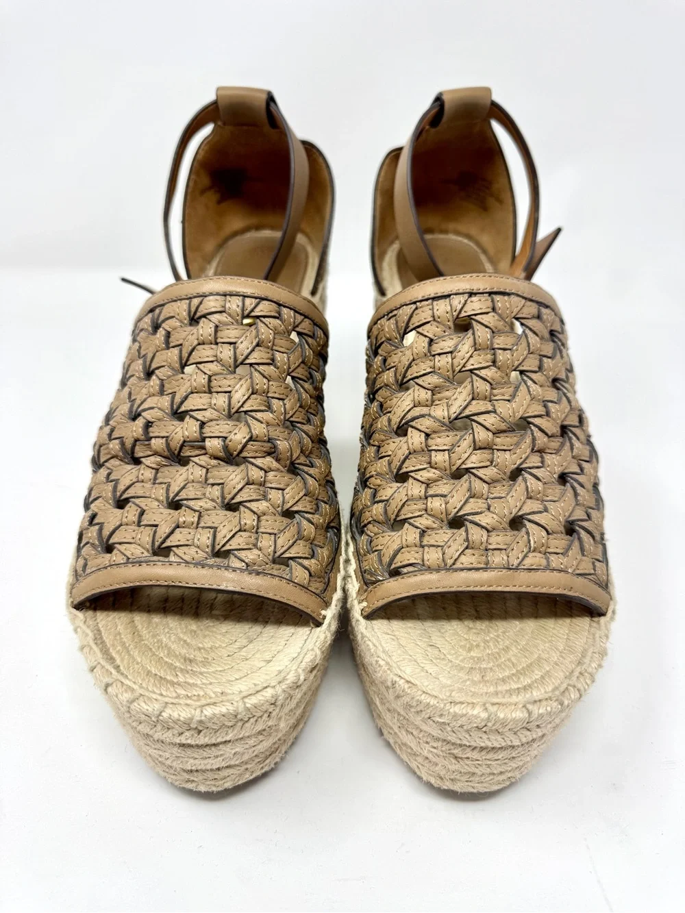 Tory Burch Almond Basketweave Leather Espadrille Wedge Sandals Ankle Strap 9.5